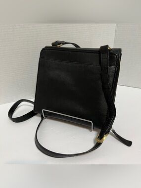 Vintage Black Leather Crossbody Bag with Adjustable Strap Gold Hardware